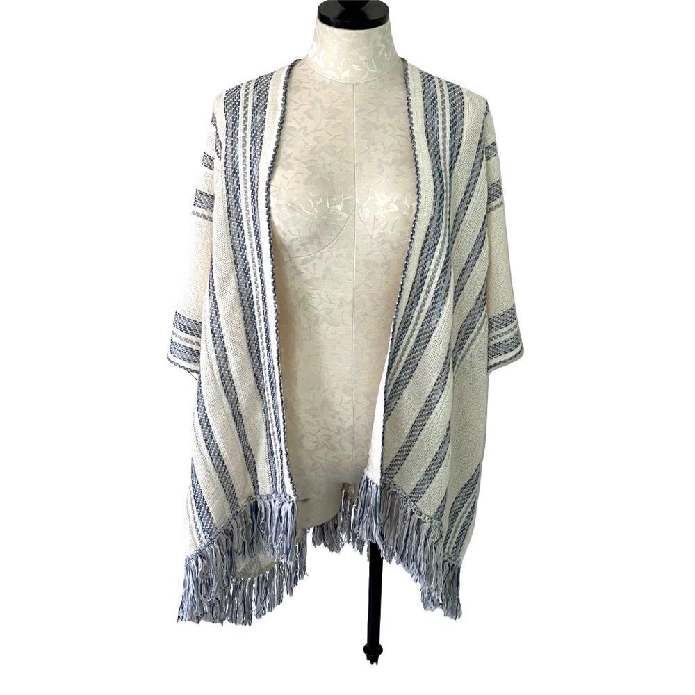 Lucky Brand Shawl Poncho Womens Size Small S Woven Open Striped Bohemian Ivory
